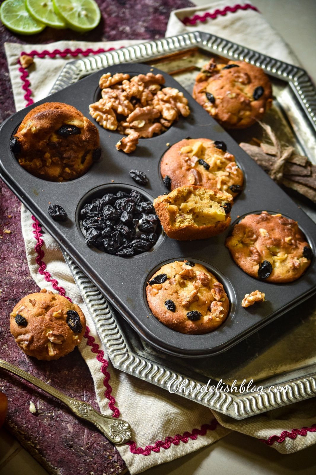Healthy apple raisin walnut muffins made with wheat and amaranth flour 